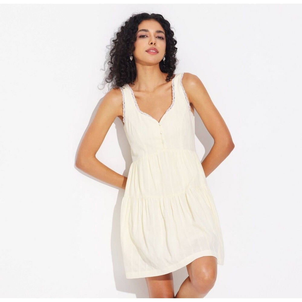 Women's Wild Fable Lace Trim Button Front Mini Dress Cream Small - Picture 1 of 9